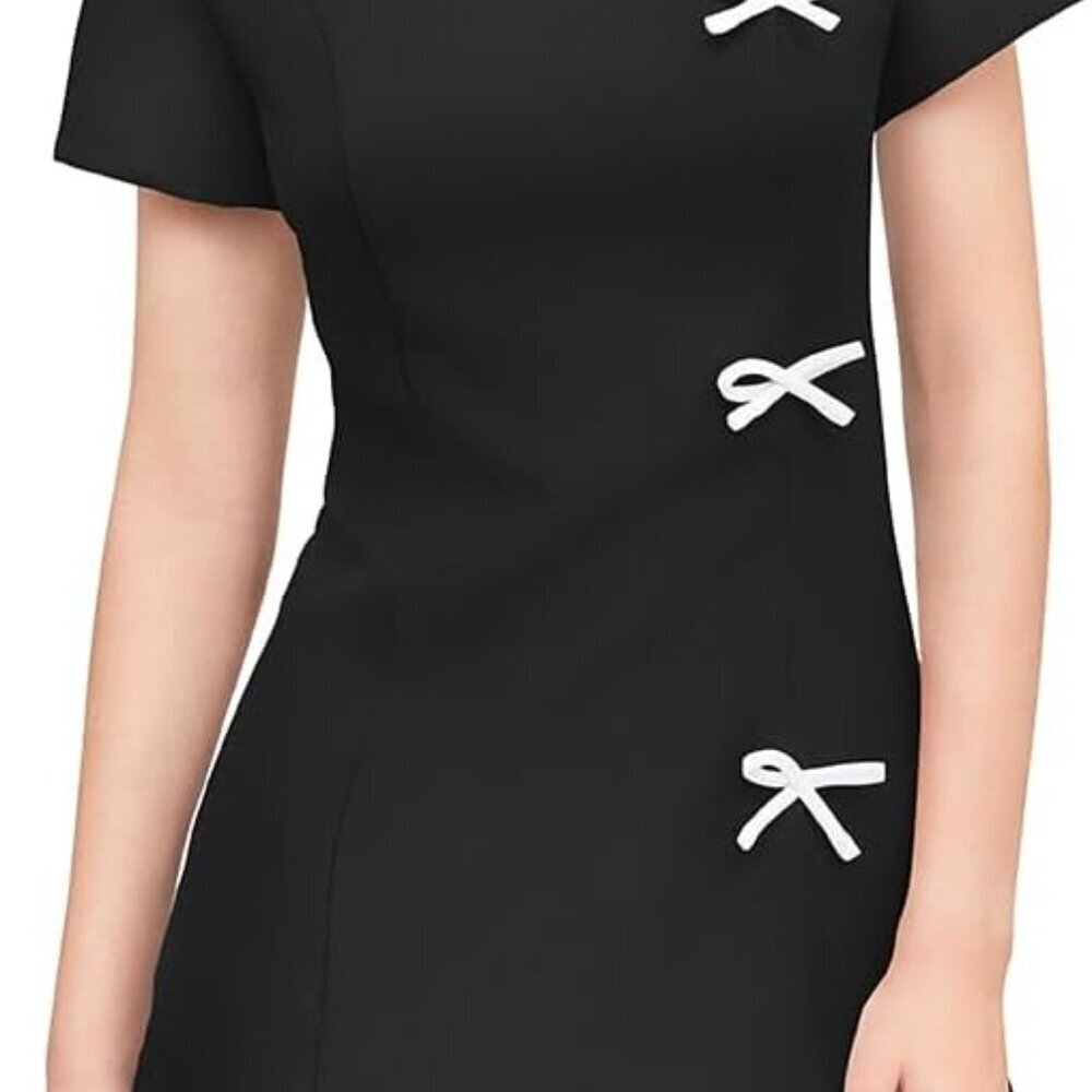 Women's Black Mini Dress Nylon Spandex Boat Neck Short Sleeve A-Line Casual
